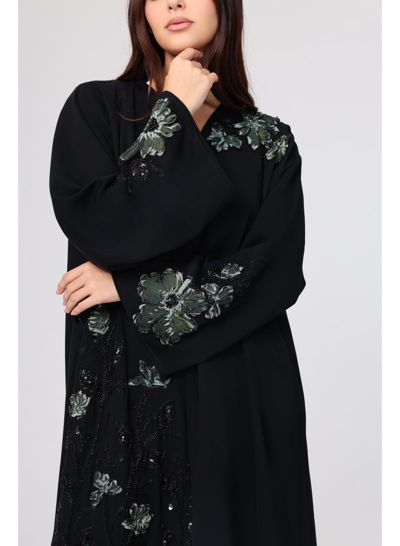 IKKXA Beaded Green Floral Embroidery Abaya ABY1124 Black - Image 2